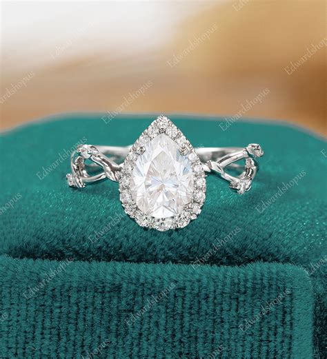 Pear Shaped Moissanite Engagement Ring Unique Vintage Halo Ring White Gold Diamond Ring