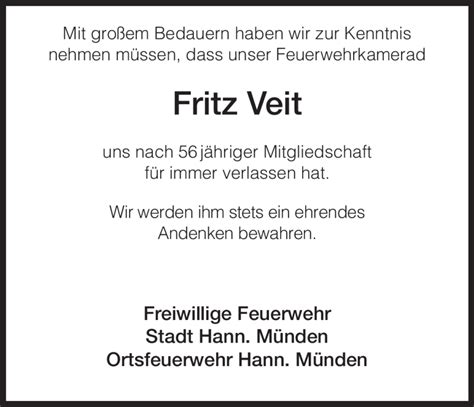 Traueranzeigen Von Fritz Veit Trauer HNA De