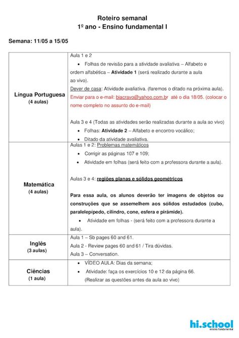 Pdf Roteiro Semanal Ano Ensino Fundamental I Escreva Nas