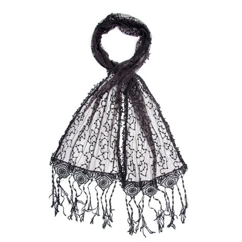 Adeline Scarf Embroidered Shawl Stunning Crochet Lace Fringe Black