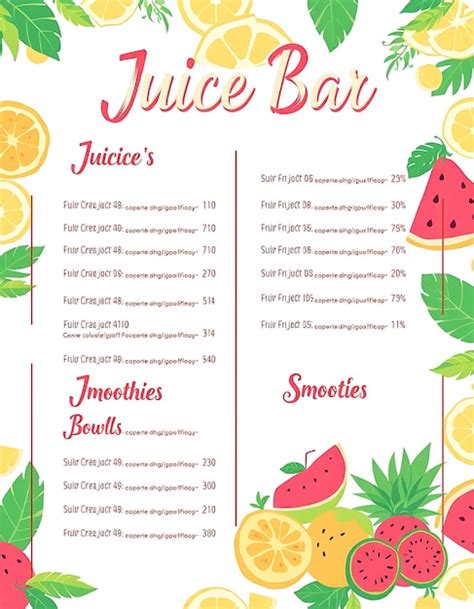 Juice Bar Menu With Fresh Bright Colors And Tropical Patterns Se Menu