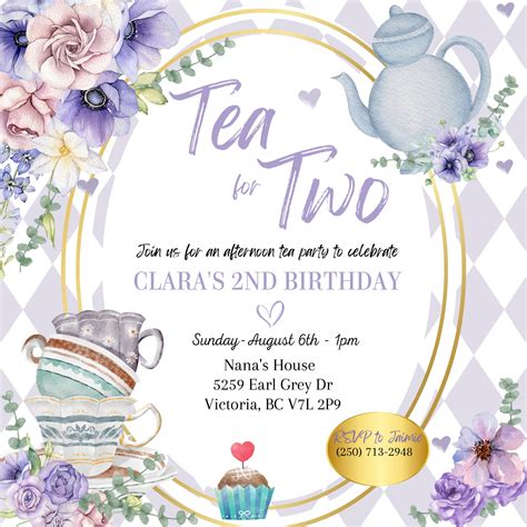 Editable Tea For Two Birthday Invitation Tea For Two 2nd Birthday Party Purple Gold Floral