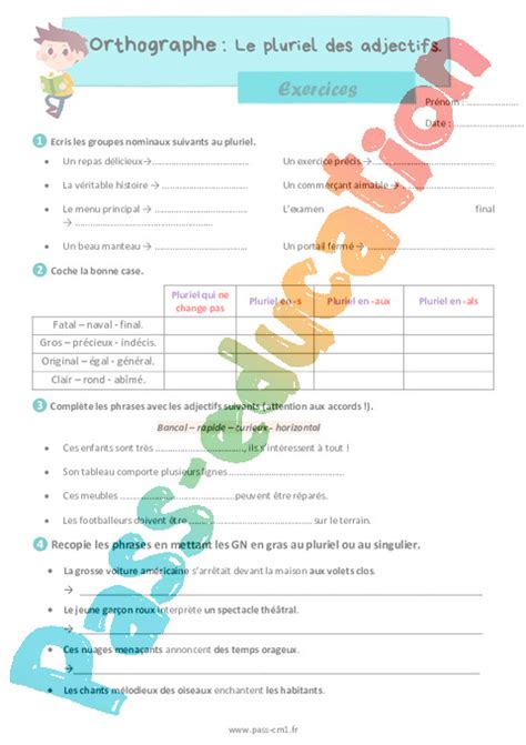 Le pluriel des adjectifs Exercices d orthographe pour le cm1 PDF à