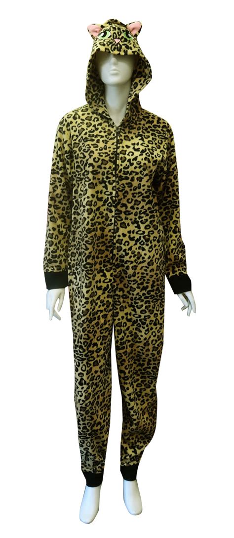 Jungle Leopard Print Hooded Onesie Footed Pajama Womens Loungewear