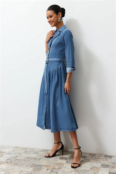 Stylish Belted Blue Jean Maxi Dress Trendy Belted Jean Dress Mid Sleeve Belted Jean Dress Knee