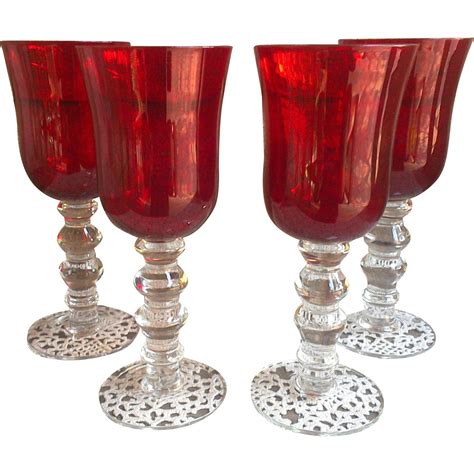 Vintage Red Water Or Wine Goblets ~ Stemware ~ Glassware A Beautiful Set Of 4 Tall Large Set Of