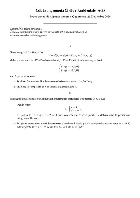 Compito 24 11 2020 Prova Scritta Di Algebra Lineare E Geometria 24