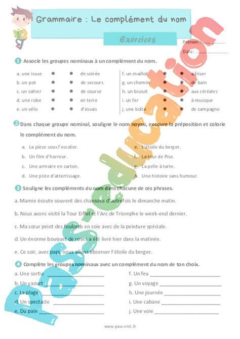 Le complément du nom Exercices de grammaire pour le cm1 PDF à imprimer