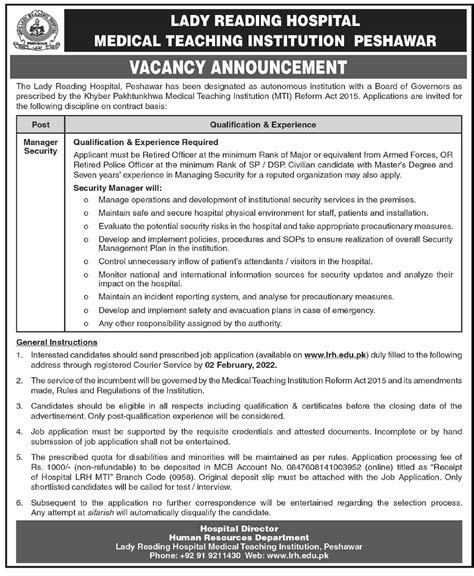 Lady Reading Hospital Lrh Mti Peshawar Jobs 2022 2024 Job Advertisement