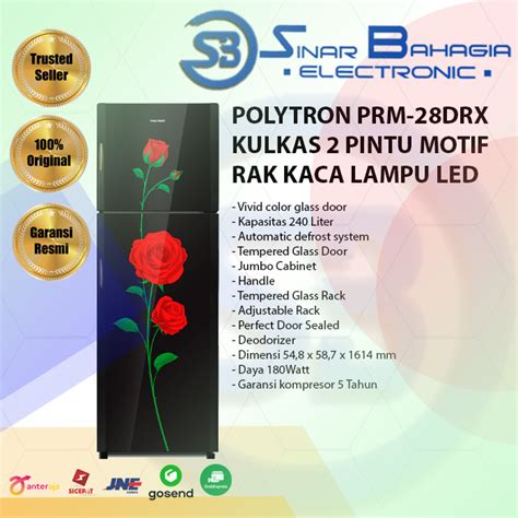 Jual POLYTRON PRM 28DRX KULKAS 2 PINTU MOTIF RAK KACA LAMPU LED NEW