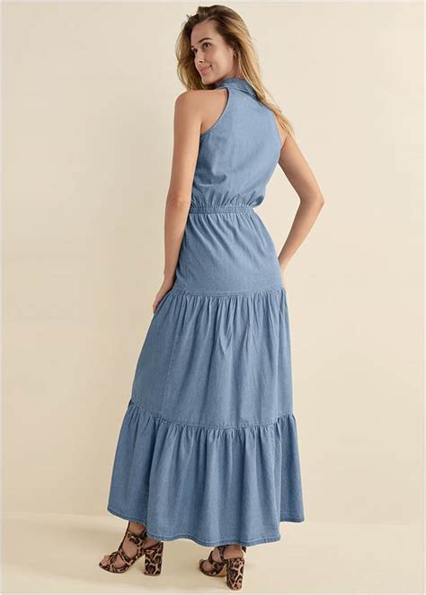 Chambray Tiered Maxi Dress In Medium Wash Venus