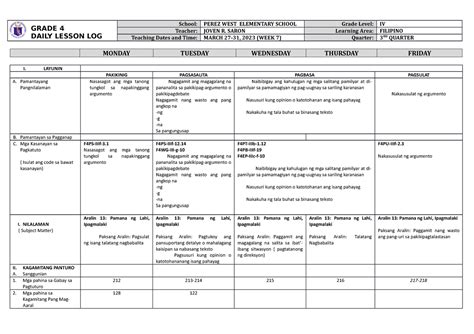 Dll Filipino 4 Q3 W7 Grade 4 Daily Lesson Log School Perez West Elementary School Grade Level