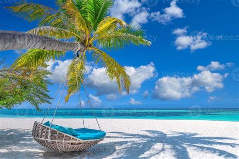 Tropical Beach Background As Summer Relax Landscape With Beach Swing Or