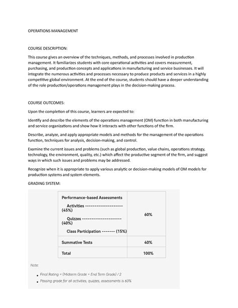 Operations Management OPERATIONS MANAGEMENT COURSE DESCRIPTION This