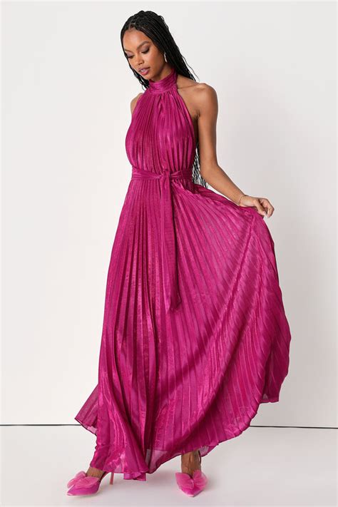 Shiny Magenta Maxi Dress Pleated Dress Shiny Halter Dress Lulus