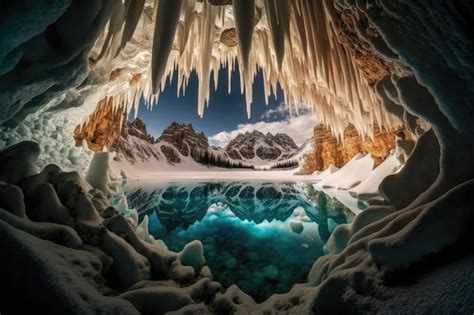 Uma Caverna Congelada Um Lago Cristalino Cercado Por Imponentes