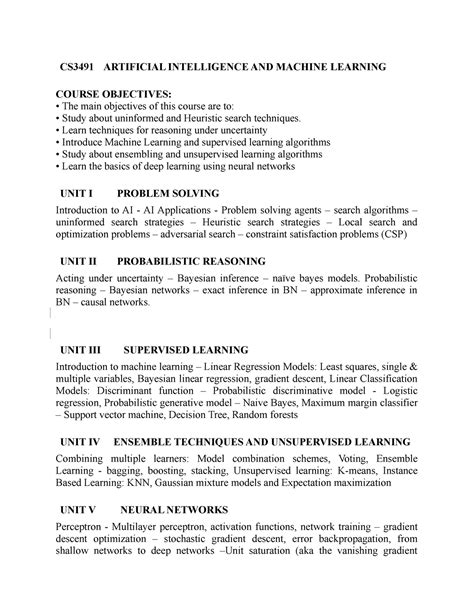 Cs Ai And Ml Syllabus Cs Artificial Intelligence And Machine