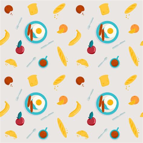 Breakfast Elements Seamless Pattern With Apple Orange Banana Baguette Bread Croissant