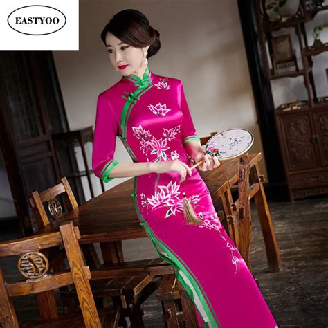 Black Long Cheongsam Dress Women Silk Cheongsam Plus Size Chinese