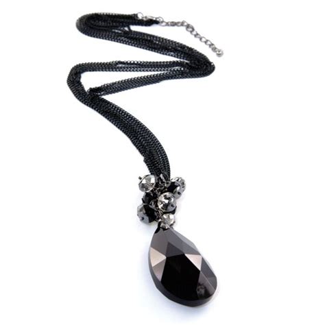 Long Black Crystal Pendant Necklace