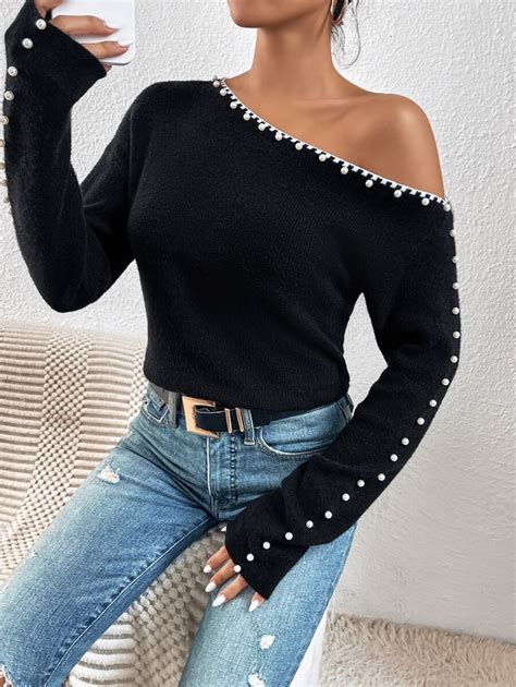 SHEIN Privé Pearls Beaded Asymmetrical Neck Sweater Long Sleeve Tops