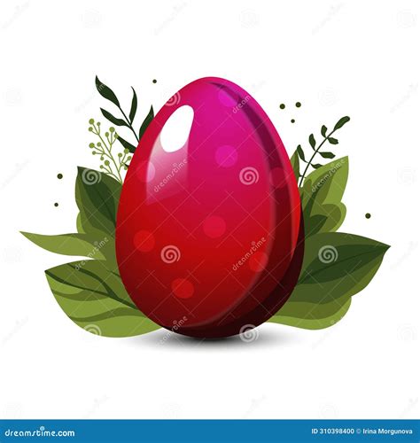 Red Easter Egg With Polka Dots With Green Leaves And Branch On