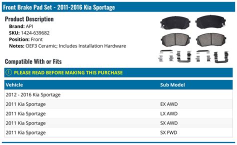 2011 2016 Kia Sportage Brake Pad Set Api 96789 07879532 Front