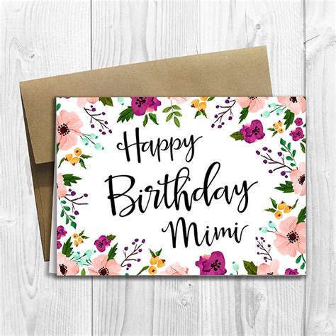 Happy Birthday Mimi Floral Watercolor 5x7 Printed Greeting Card Flowers