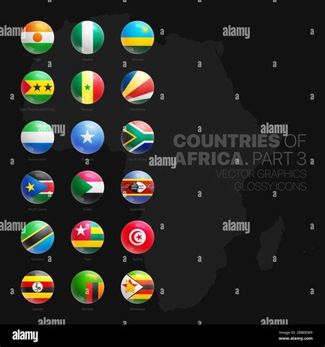 African Countries Flags Glossy Round Icons Set Isolated On Black