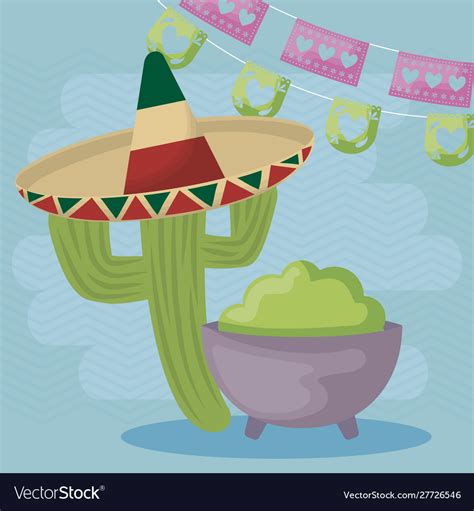 Viva Mexico Celebration With Cactus And Guacamole Vector Image