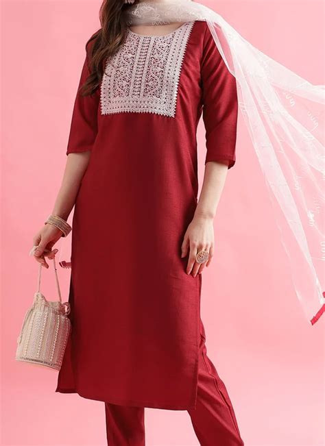 Shop Red Art Silk Embroidered Straight Pant Suit After Six Wear Online