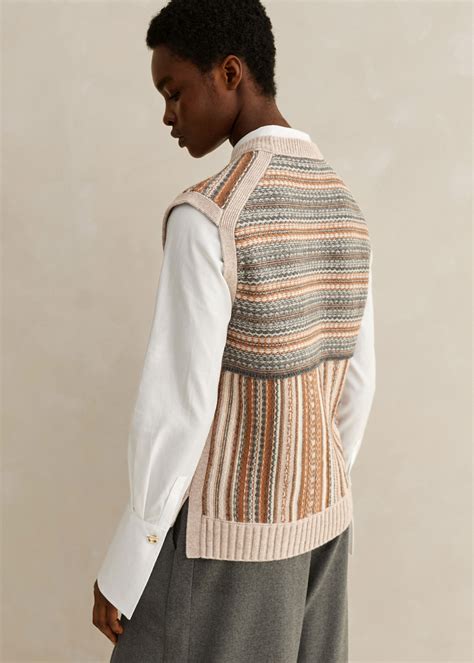 Merino Cashmere Patchwork Fair Isle Vest Snood Oatmeal Multi