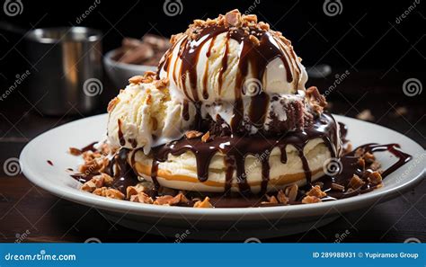 A Plate Of Indulgent Homemade Chocolate Ice Cream With Whipped Cream