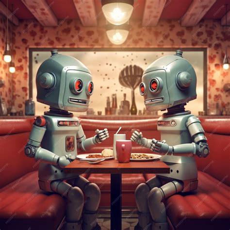 Premium Ai Image Robots Sitting At A Table Eating Pizza And Drinking