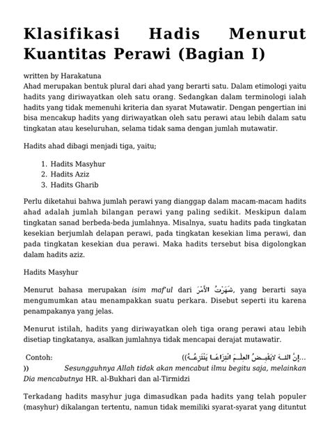 Klasifikasi Hadis Menurut Kuantitas Perawi Bagian I Pdf