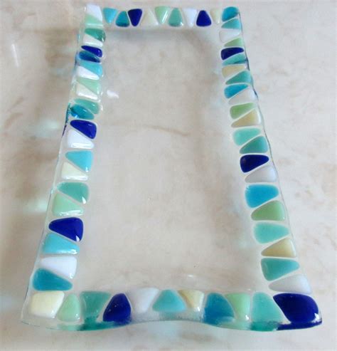 Fused Glass Plate With A Beautiful Mosaic Border Of Blue Turquoise Aquamarine White Mint