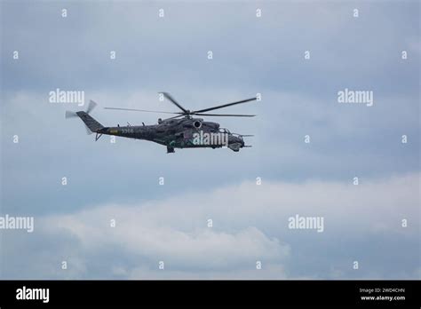 Czech Airforce Mi Hind Helicopter Gunship Flying Fast At Nato