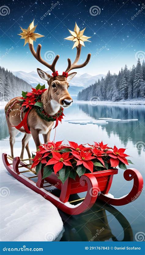 Photo Of Christmas Reindeer Pulling A Sleigh Filled With Poinsettia