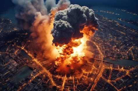 Aerial View Of A Huge Explosion In The City At Night Premium Ai