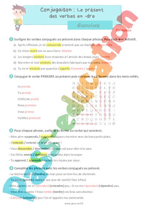 Le Pr Sent Des Verbes En Dre Exercices De Conjugaison Pour Le Ce