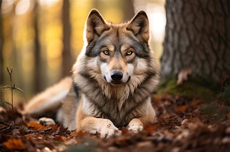 Un Lobo Acostado En El Bosque Con Hojas Foto Premium