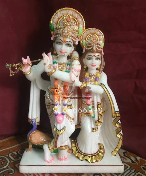 Painted Hindu White Marble Radha Krishna Statue For Worship Size 1