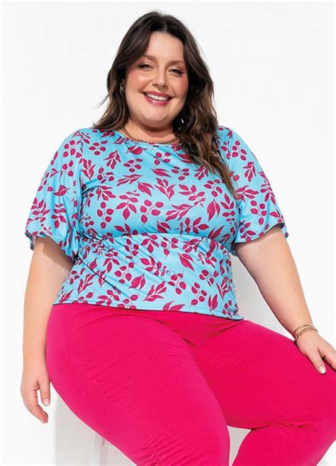 Blusa Folhas Azul Recorte Vazado Plus Size Marguerite