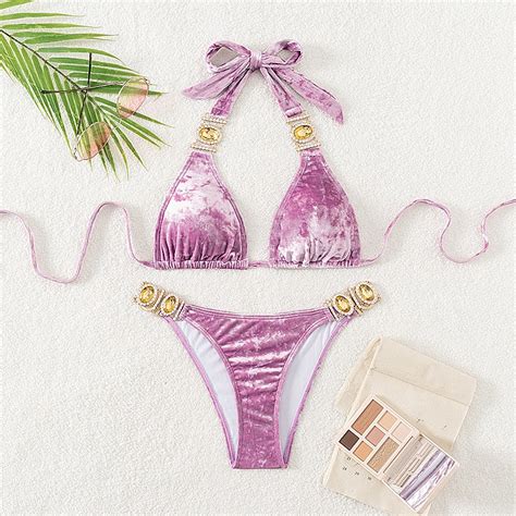 Swimsuit New Style Pink Gold Velvet Women Split Swimsuit Sexy Crystal Diamond Bikini Shopee