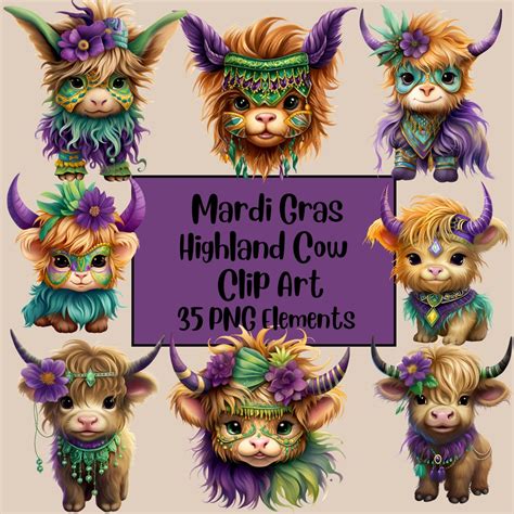 Highland Cow PNG Designs Floral Highland Cow Mardi Gras PNG Festival