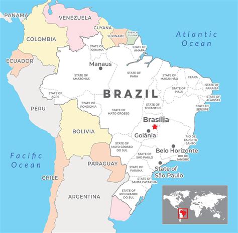 Brazil map with capital Brasilia, most important cities and national ...