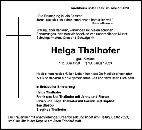 Trauer Helga Thalhofer 14 01 2023 Teckbote Trauerportal