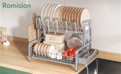 Romision 2 Tier Dish Drain Rack Draining Board With Drip Tray