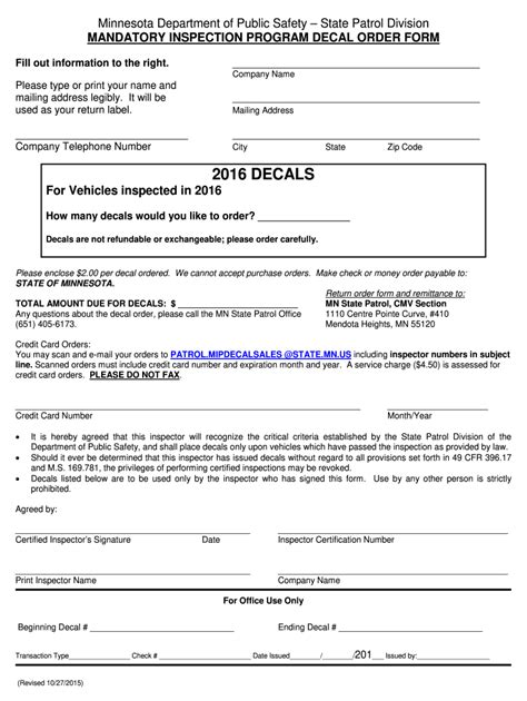 2016 2021 MN Mandatory Inspection Program Decal Order Form Fill Online