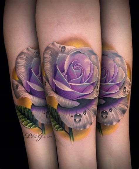 Realistic Purple Rose Tattoo On The Left Inner Arm